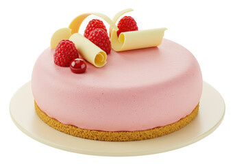 Delicious pink mousse cake isolated on plate, garnished with raspberries and white chocolate curls for dessert menu