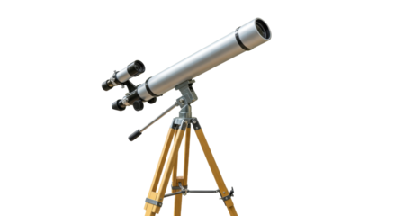 Silver telescope on wooden tripod isolated on transparent background, astronomical instrument for stargazing and space exploration