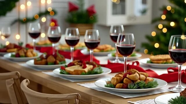 Celebration dinner setting with delicious food, red wine, and festive decorations for a joyful gathering