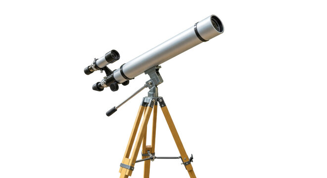 Silver telescope on wooden tripod isolated on transparent background, astronomical instrument for stargazing and space exploration