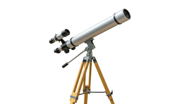Silver telescope on wooden tripod isolated on transparent background, astronomical instrument for stargazing and space exploration