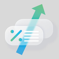 Percent growth chart graph glassmorphism effect, vector transparent blur button with percentage sign on green blue arrow