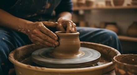 Hands shaping clay on pottery wheel creating ceramic art indoors
