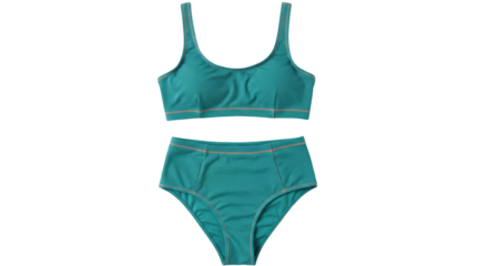 Teal ribbed high-waisted bikini set isolated on white, stylish swimwear for summer vacation and beach fashion PNG