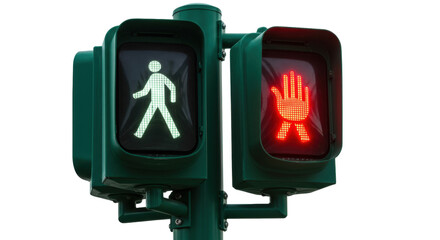 Pedestrian crossing signal with green walk and red hand isolated on transparent background, safety...