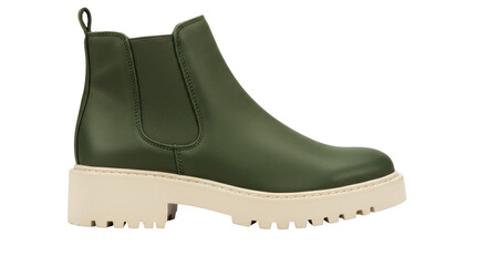 Olive green Chelsea boot isolated, stylish ankle footwear with chunky lug sole for fall and winter fashion
