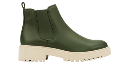Olive green Chelsea boot isolated, stylish ankle footwear with chunky lug sole for fall and winter fashion