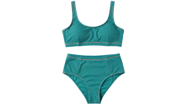 Teal ribbed high-waisted bikini set isolated on white, stylish swimwear for summer vacation and beach fashion PNG - Powered by Adobe