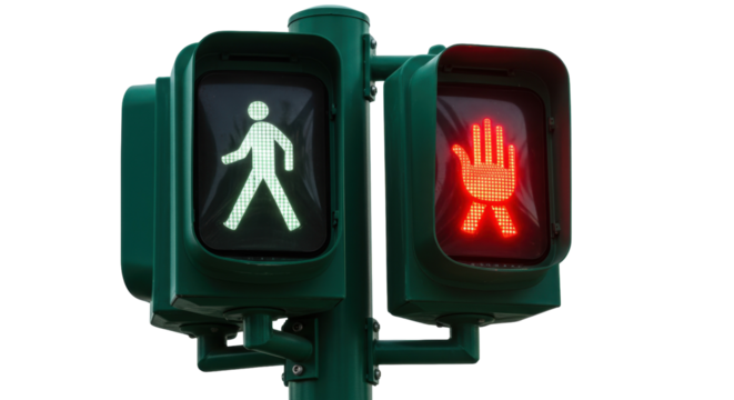 Pedestrian crossing signal with green walk and red hand isolated on transparent background, safety concept for urban street
