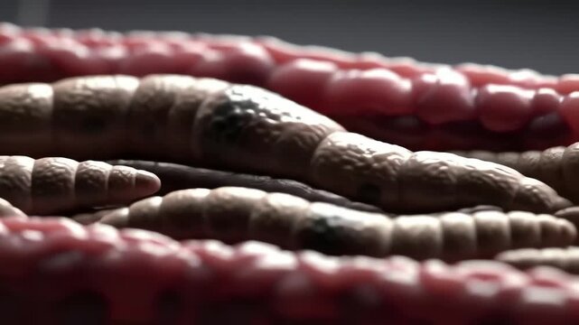 tapeworm inside human intestine, segmented body stretching along mucosal lining