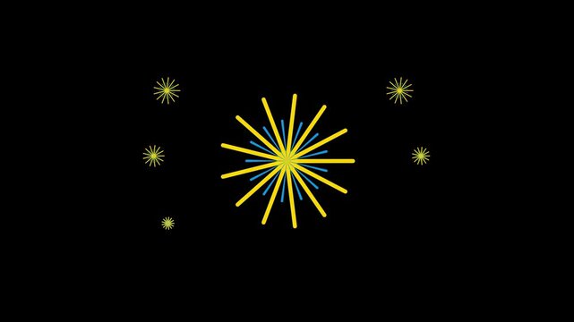 Explosive Motion Fireworks Animation with Circle Bursts, Glowing Line Shape Blast, Circle Bursting Fireworks Animation, Pop-Up Geometric Sparkle Brust Elements on Black Screen. 4K video