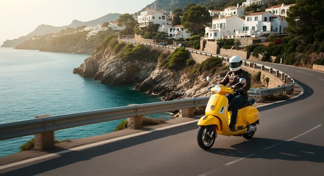 Motorcyclist riding yellow scooter along coastal road with scenic ocean views