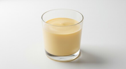 Fresh creamy yellow drink in a clear glass brightly illuminated on a pristine white studio background