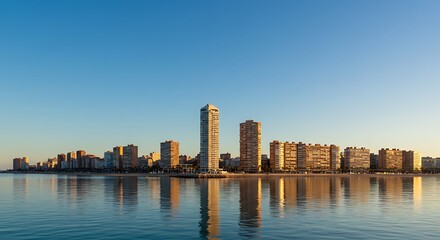 Naklejka premium City skyline reflected in calm water under blue sky at golden hour