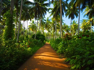 Obraz premium A sundappled dirt path winds through a lush tropical forest filled with tall palm trees and vibrant green foliage, creating a serene and inviting natural landscape