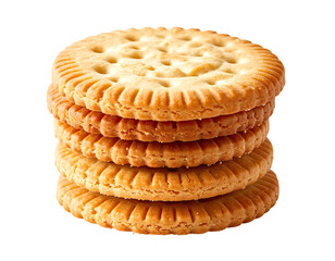 Stacked, golden-brown biscuits, round and ridged, on black background