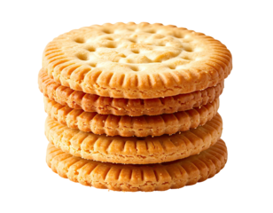 Stacked, golden-brown biscuits, round and ridged, on black background