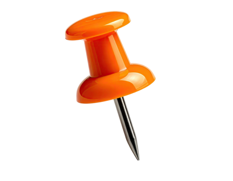 A vibrant orange push pin angled with a shiny, metallic point against a black background