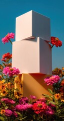 Brightly colored flowers frame stacked, blank white and orange cubes against a vibrant blue sky.
