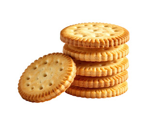 A stack of golden, round, savory crackers on a transparent background