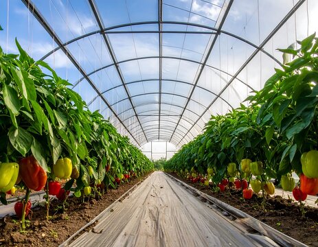 Rows of bell pepper plants in a large greenhouse
