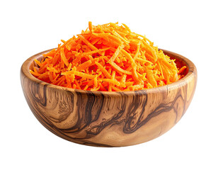 A wooden bowl filled with vibrant orange shredded carrots