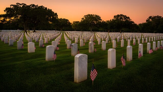 Sunset over military cemetery with american flags on graves