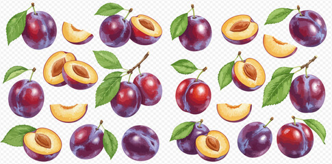 Illustration of plums, whole and sliced, with leaves, on a transparent background.