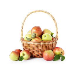 Fresh ripe apples in wicker basket isolated on white