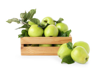 Ripe green apples in wooden crate isolated on white