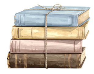 Watercolor stack of books tied together with twine, translucent background