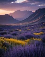 Fototapeta premium Vast mountain valley filled with blooming lavender and yellow flowers at sunset with dramatic clouds
