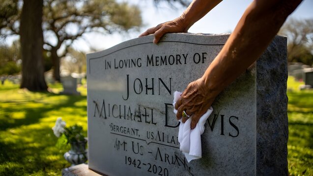 Person cleaning gravestone in cemetery with care