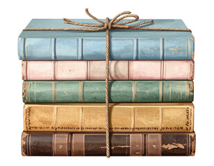 Stacked, bound, antique books, with a twine bow, on a transparent background