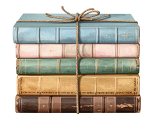 Stacked, bound, antique books, with a twine bow, on a transparent background