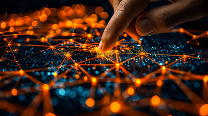 A human finger touching a digital network of glowing orange nodes and connections symbolizing data and technology