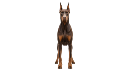 Isolated dog standing in studio portrait, Doberman Pinscher, looking to the camera confidently