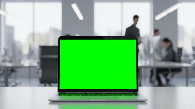 Laptop with Green Screen in Modern Office Environment