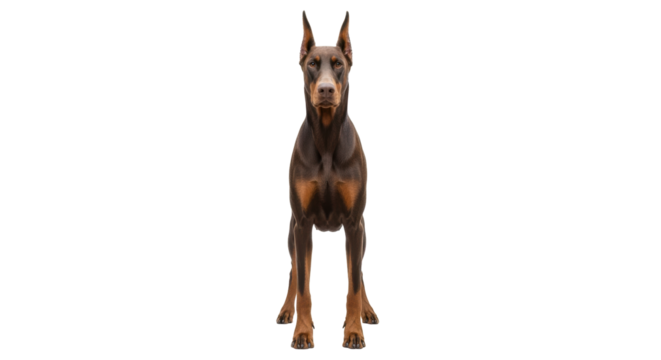 Isolated dog standing in studio portrait, Doberman Pinscher, looking to the camera confidently