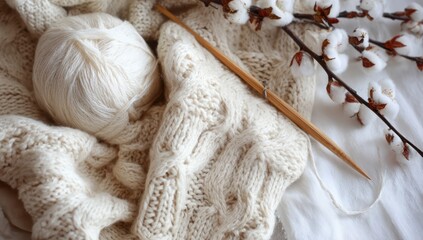 A ball of creamy white yarn sits nestled amongst a cozy knitted sweater, adorned with intricate cable patterns, and accompanied by a wooden knitting needle and cotton branches.