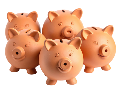 Group of five terracotta piggy banks, slightly smiling, arranged closely