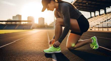 Focused female athlete tying running shoes on a track at golden hour sunlight
