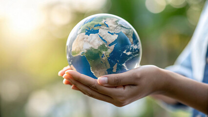Holding the blue globe in hands represents global environment care and protection of our planet
