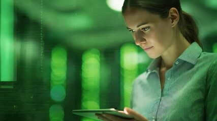 Data Analyst in Action: A focused analyst peers intently at a tablet in a server room, the digital world and data analysis forming a dynamic intersection of technology and insight.  - Powered by Adobe