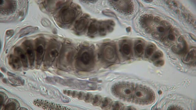 tapeworm inside human intestine, segmented body stretching along mucosal lining