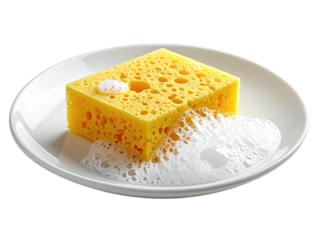 A yellow square sponge on a white plate with bubbly suds and droplets