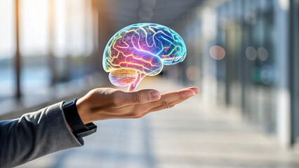 A business hand holding a digital brain represents the concept of future technology and connection