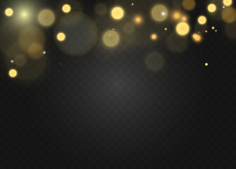 Gold bokeh lights glowing blur abstract background sparkle shine festive overlay.
