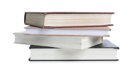 Stack of different books isolated on white