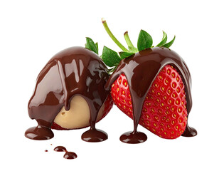 Two fresh strawberries, one dipped in chocolate, and one partially dipped